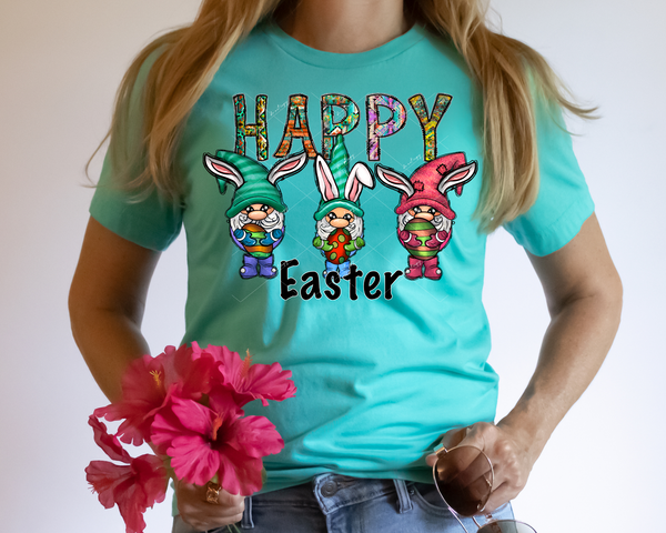 Happy Easter (three gnomes with bunny ears holding eggs, colorful texture filled lettering and black lettering) 1475 DTF TRANSFER