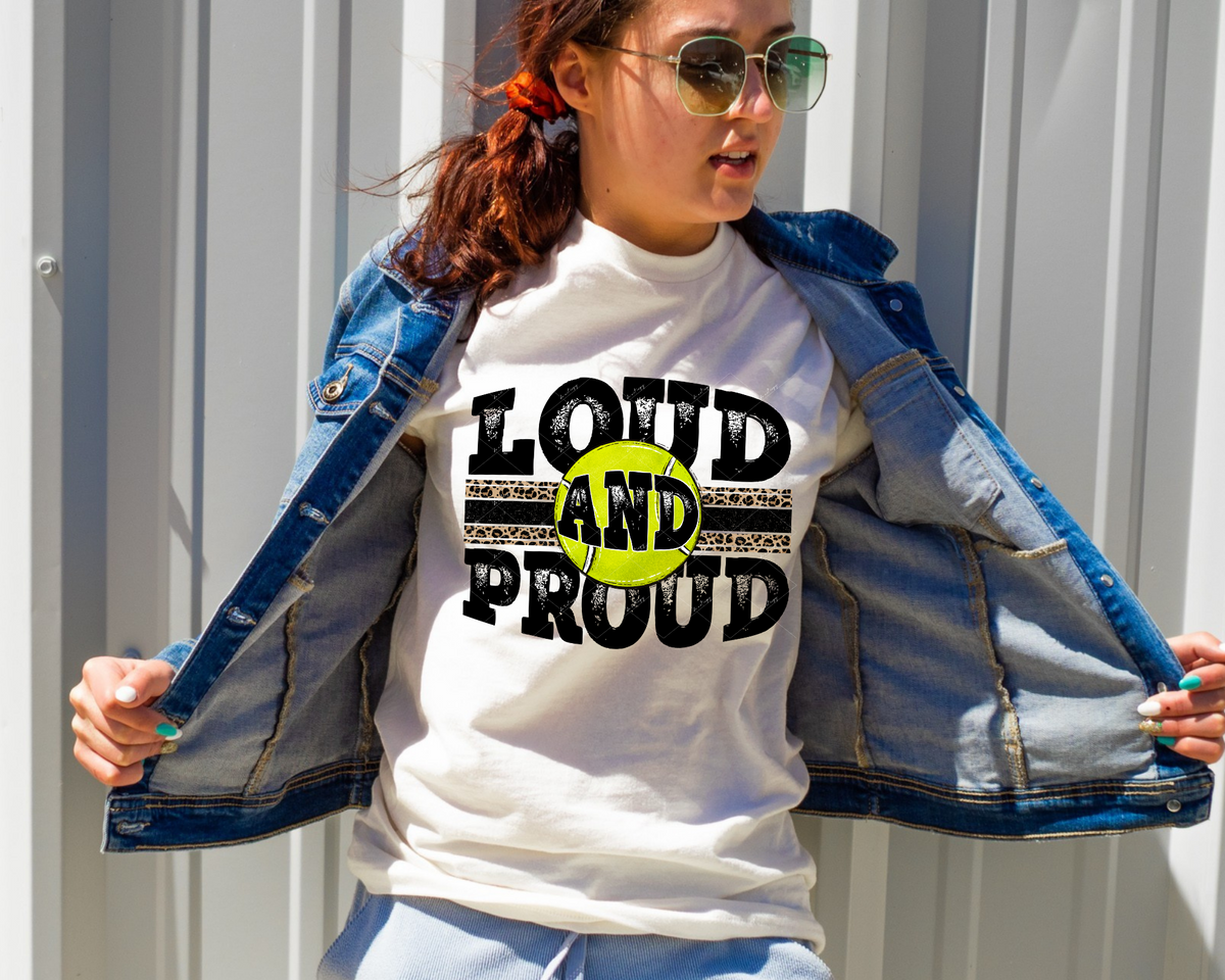 Loud And Proud (tennis ball, black distressed lettering, leopard print strips) DTF TRANSFER