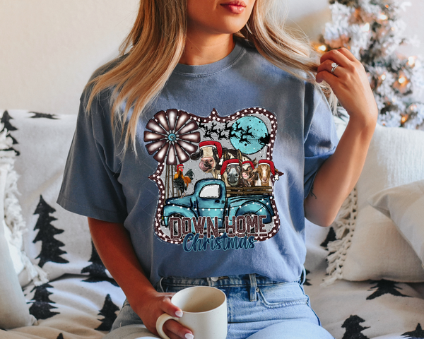 Down Home Christmas Blue Truck Cow Farm Santa Grey Background 8680 DTF TRANSFER