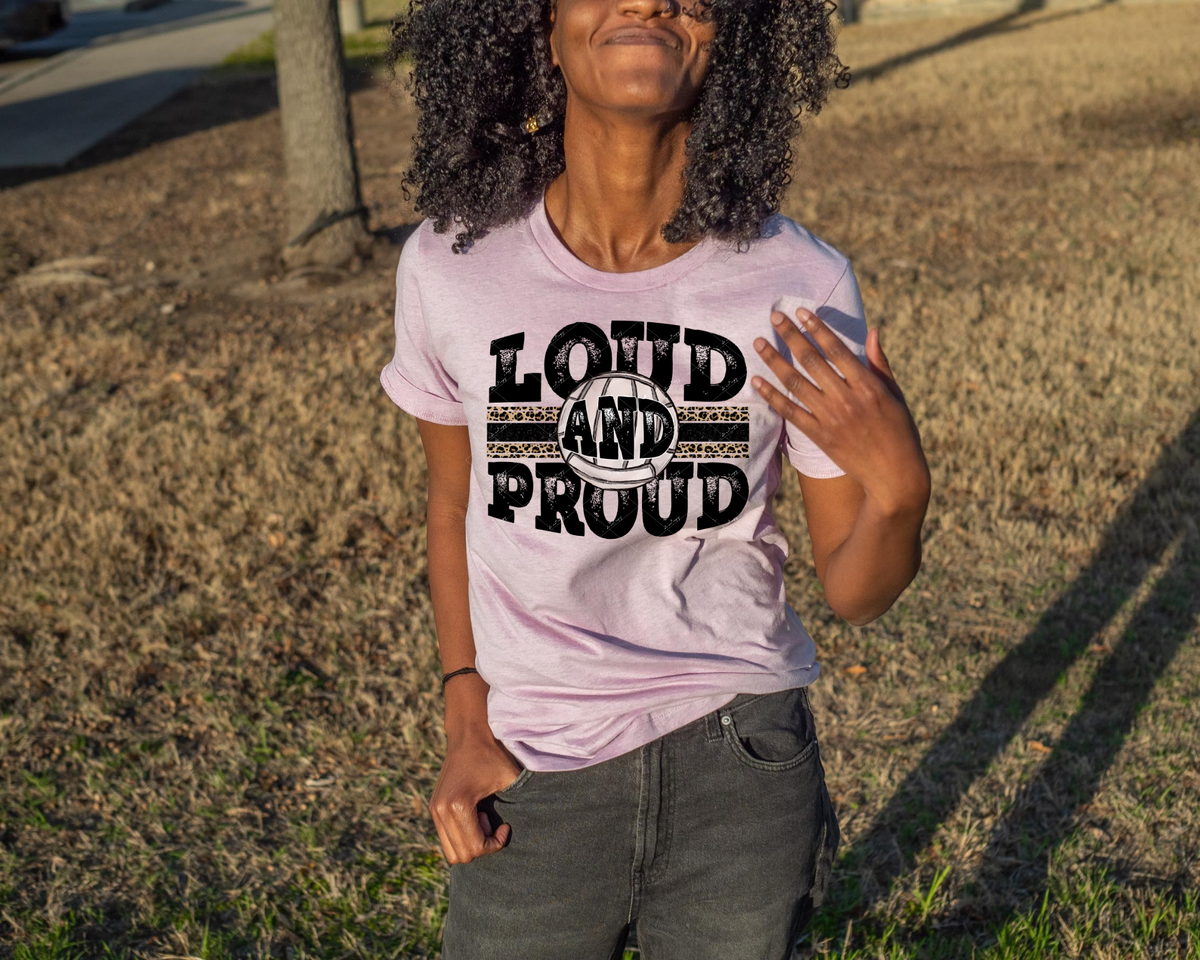 Loud And Proud (volleyball, black distressed lettering, leopard print strips) DTF TRANSFER