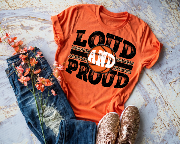 Loud And Proud (basketball, black distressed lettering, leopard print strips) DTF TRANSFER