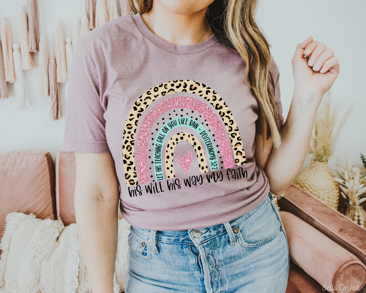 His Will His Way My Faith Rainbow Pink Glitter 3002 DTF TRANSFER