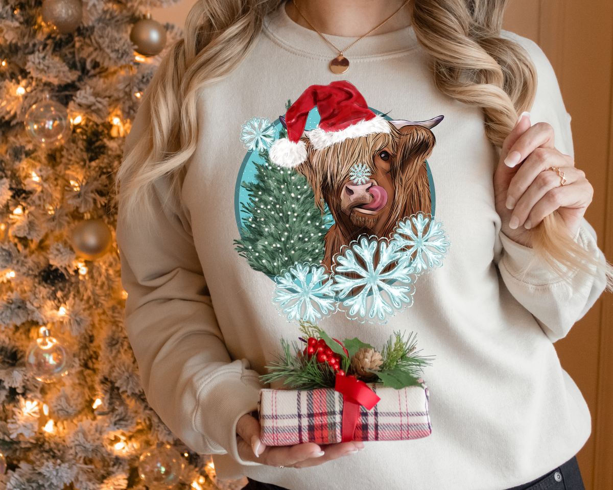 Cow Christmas Snowflakes Santa Hat Blue Background 8464 DTF TRANSFER