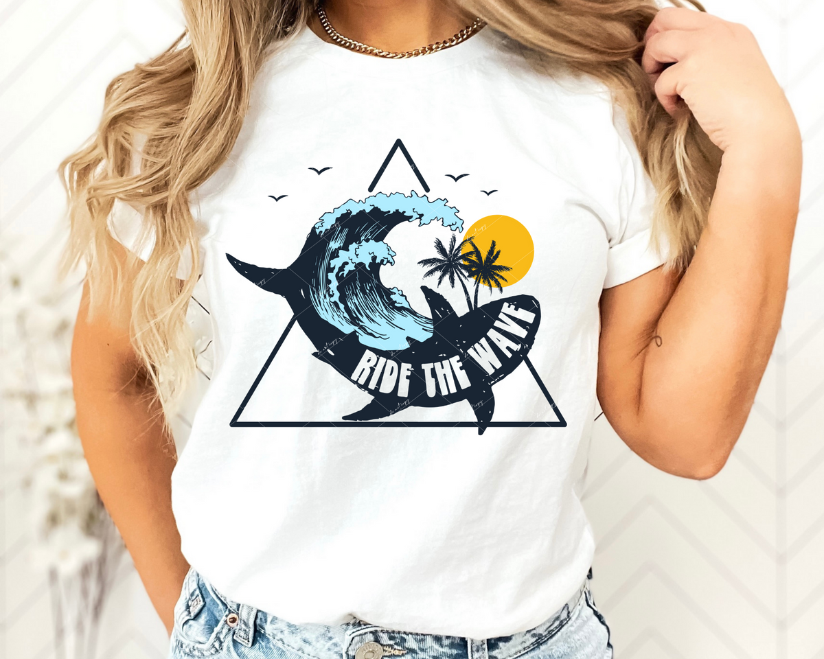 Ride The Wave (navy and light blues, whale with wave, rectangle, beach scene background 1809 DTF TRANSFER
