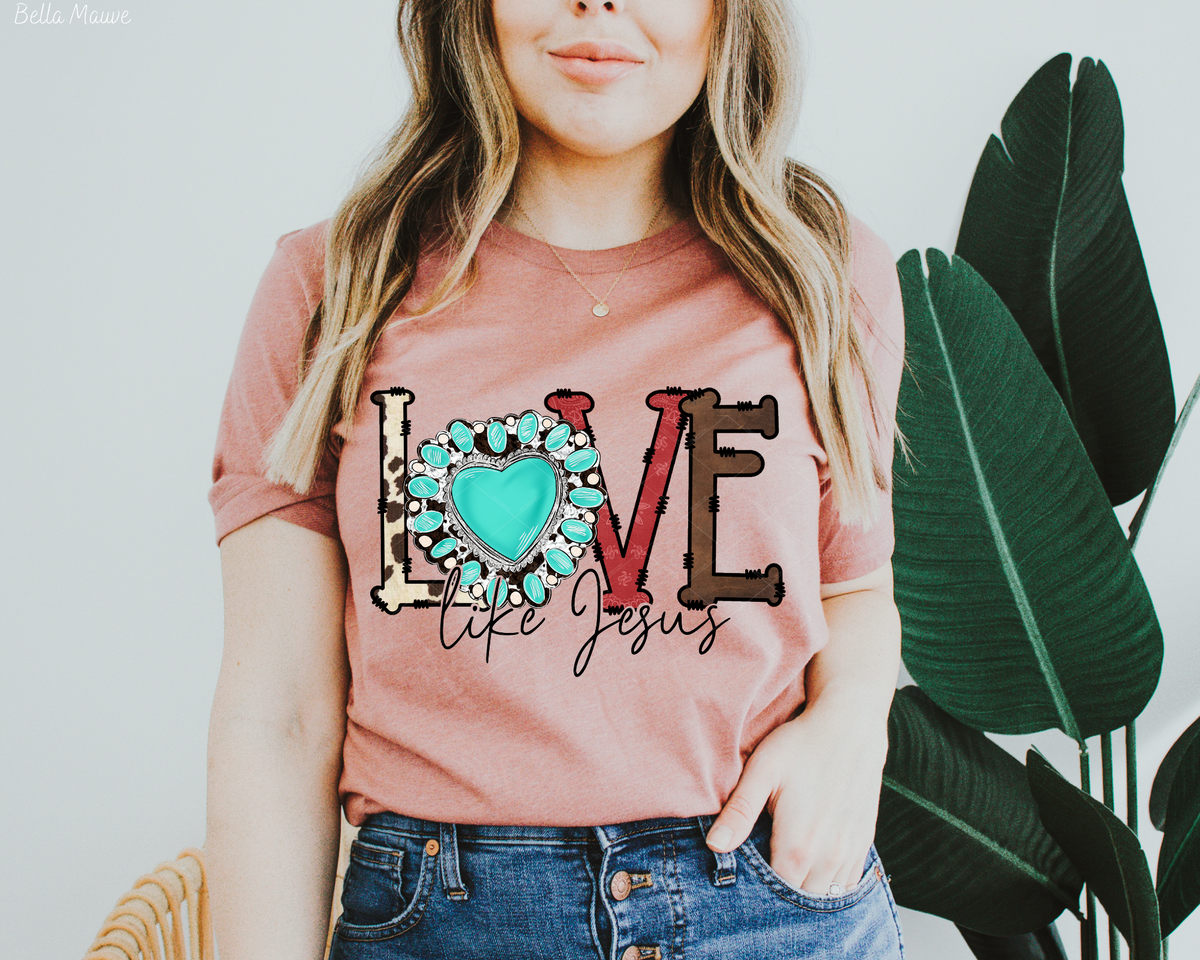 Love Like Jesus Cow Print Turquoise heart 112641 DTF TRANSFER