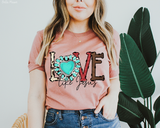 Love Like Jesus Cow Print Turquoise heart  DTF TRANSFER