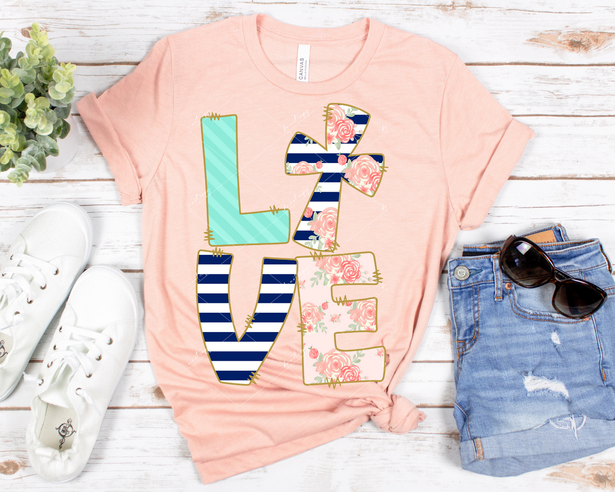Love (round block letters filled with navy blue stripes, coral floral, mint green stripes with gold outline) 112717 DTF TRANSFER