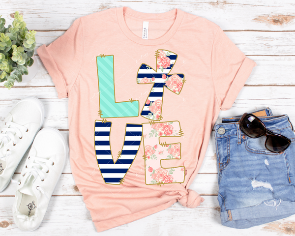 Love (round block letters filled with navy blue stripes, coral floral, mint green stripes with gold outline) DTF TRANSFER