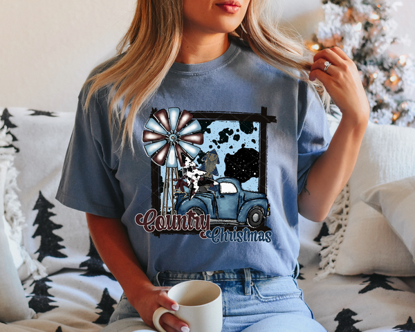 Country Christmas Blue Truck Cow Farm Santa Grey Background 8663 DTF TRANSFER