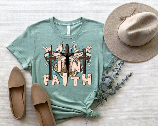 Walk In Faith (three wooden crosses with Jesus, butterfly background, sage green & cream colors) 9012 DTF Transfer