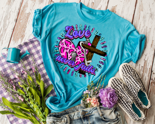 Love Never Fails (multi shadow handwriting bright color lettering, leopard print heart lock, key, wooden cross) DTF TRANSFER