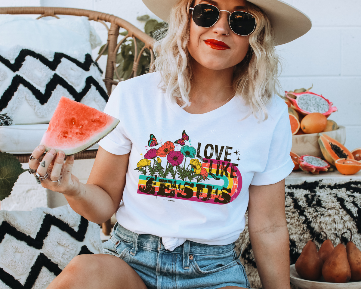 Love like Jesus (bright colors, poppies, butterflies, stripes u-shaped, distressed black lettering) DTF TRANSFER