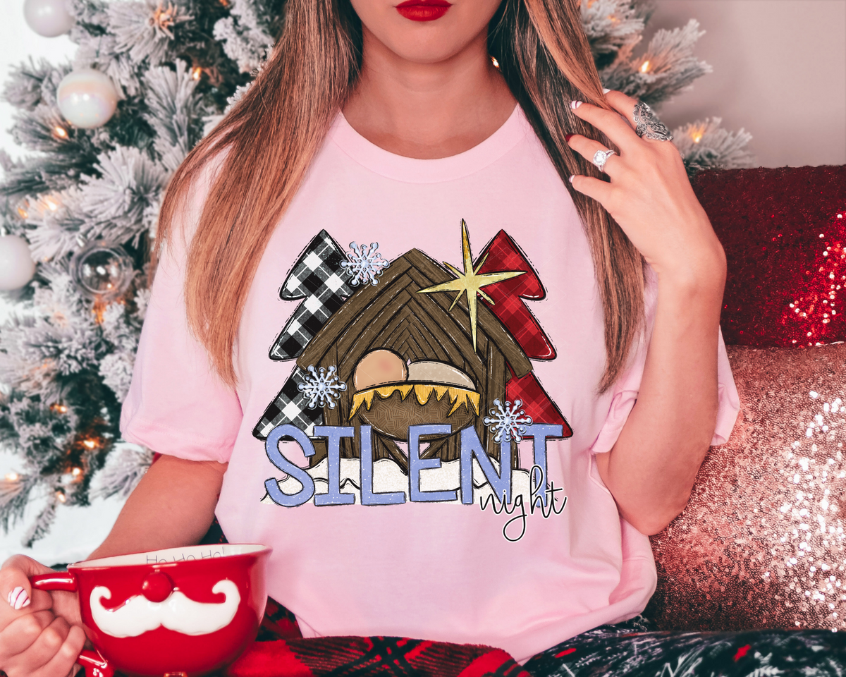 Silent Night Christmas Trees Manger Snowflakes 1011 DTF TRANSFER