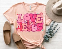 Love like Jesus (retro 70's vibe, bright pinks, corals, leopard print, hearts and flowers) 1732 DTF TRANSFER