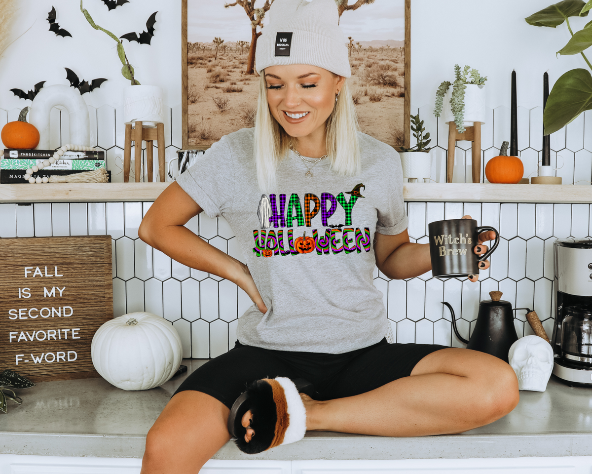 Happy Halloween (gingham green, purple, orange, Halloween swirl lettering fill, pumpkins, ghost, witches' hat) 1484 DTF TRANSFER