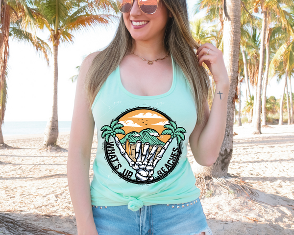 What's Up Beaches (rock on skeleton hand, palm trees, waves, surf board, mint green & yellow colors, black round frame) 9014 DTF Transfer