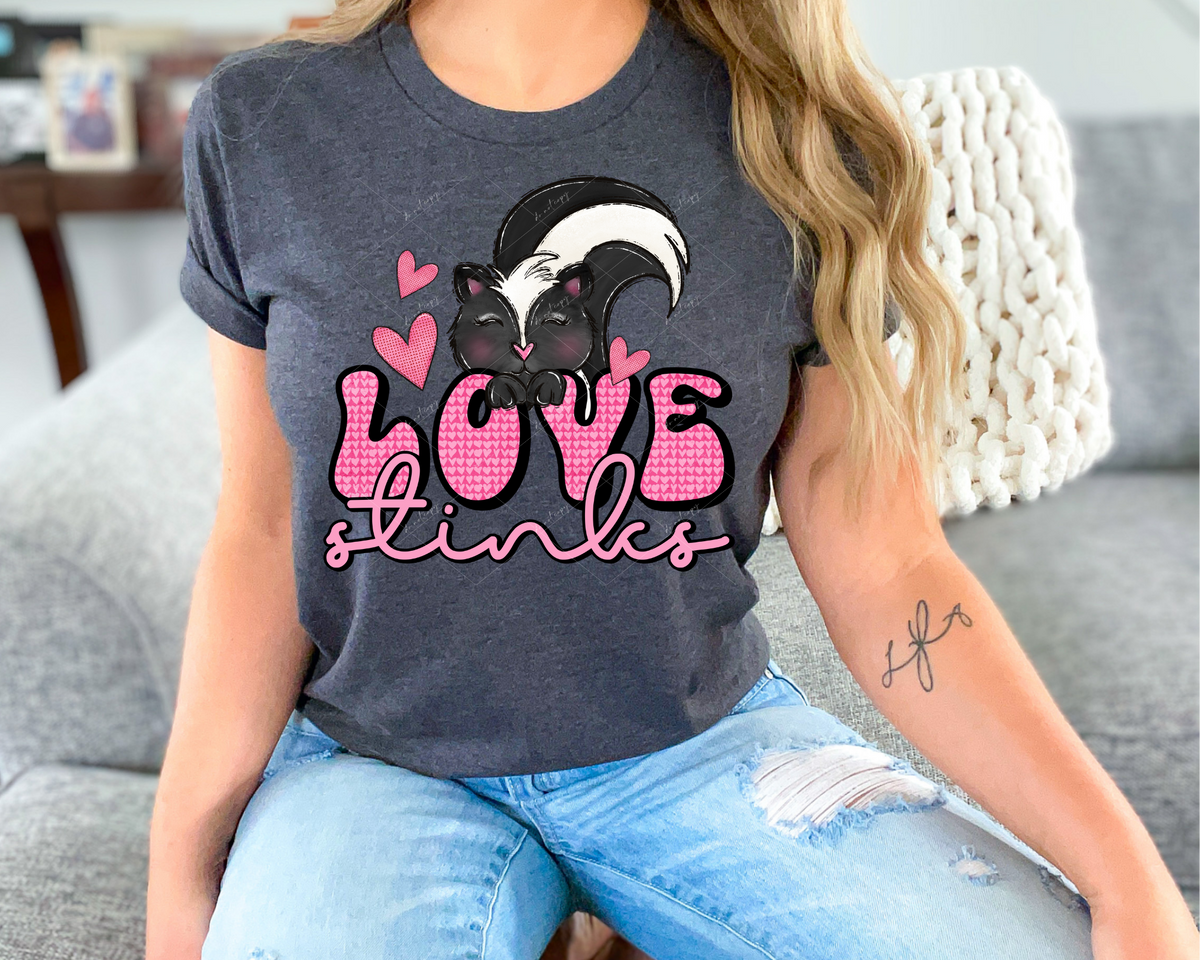 Love stinks (retro bubble lettering with pink hearts, skunk, hearts, hot pink colors) 1735 DTF TRANSFER