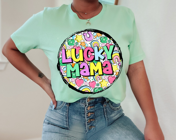 Luck Mama (St. Patrick elements, circle with back frame, bright pastel colors) DTF TRANSFER