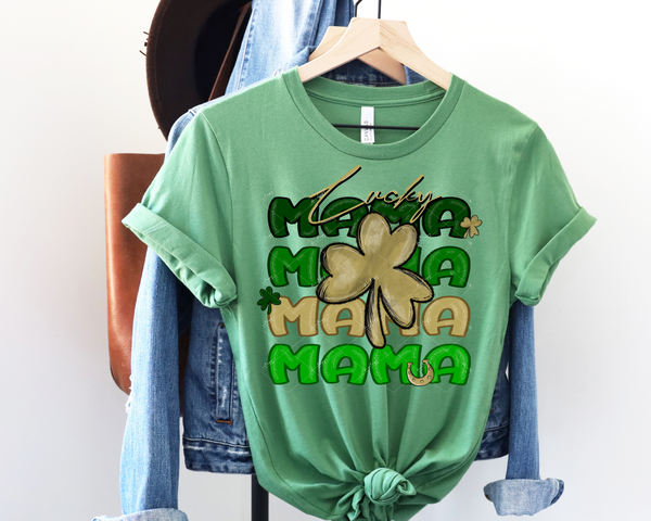 Lucky Mama Stacked (St. Patrick green colors, gold clover and lettering) DTF TRANSFER