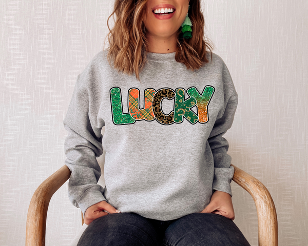 Lucky (bubble lettering filled with green glitter, plaid, leopard print, green horseshoes print) 1738 DTF TRANSFER