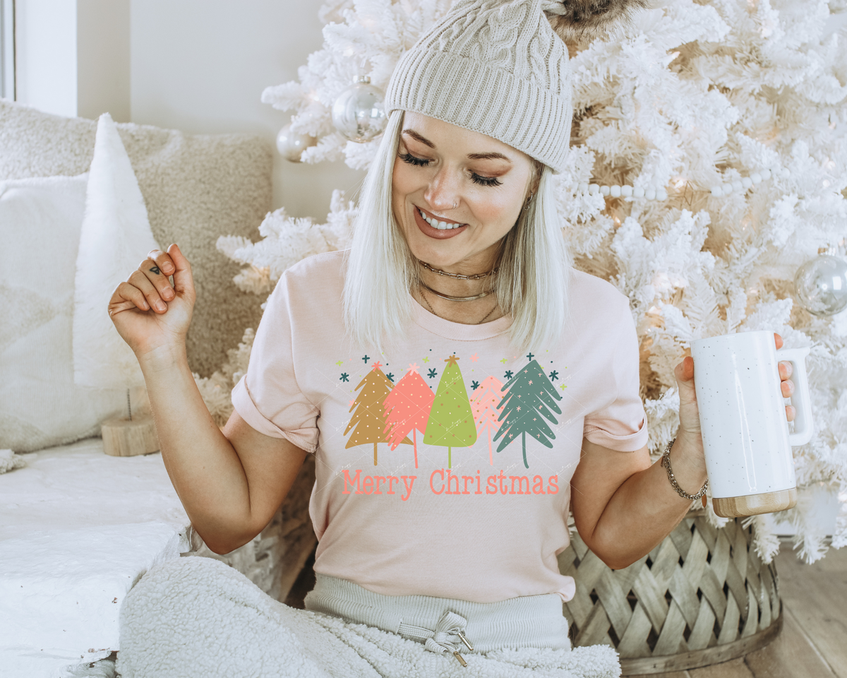 Merry Christmas (trees, coral, teal, muted colors) 8751 DTF TRANSFER