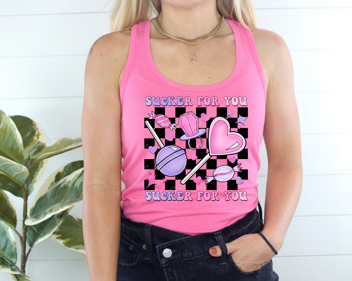 Sucker For You (race checker background, pink and purple suckers, candy) 1857  DTF TRANSFER