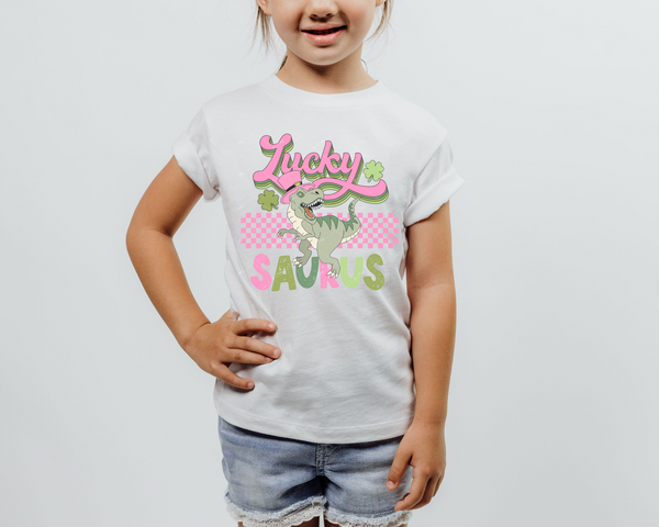 Lucky Saurus PINK (dinosaur, pink checker, St. Patrick green and pink colors, clover, distressed lettering) DTF TRANSFER