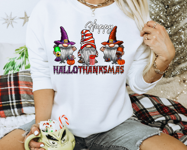 Happy Hallothanksmas (3 gnomes' decor in Halloween, Thanksgiving, Christmas elements) 1170 DTF TRANSFER