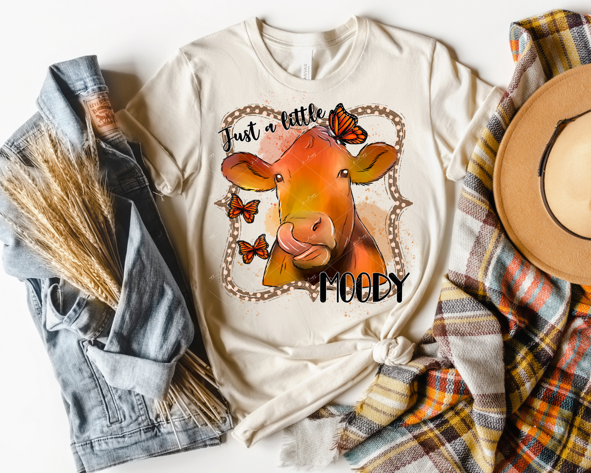 Just a little moody (cow, butterflies, orange colors, black lettering) 1645 DTF TRANSFER