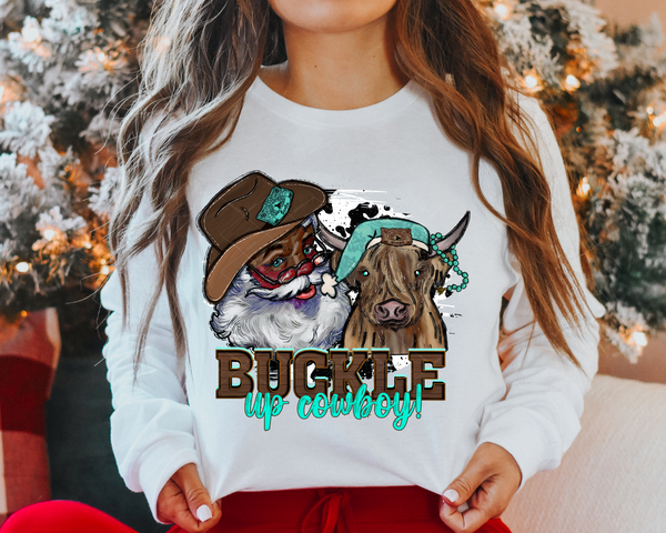 Buckle Up Dark Cowboy Cow Santa Cowboy Hat Turquoise 249 DTF TRANSFER