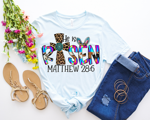 He Is Risen Matthew 28:6 rainbow colors (cross with leopard print and turquoise pendant, tie dye and cow print letter fill) 1500 DTF TRANSFER