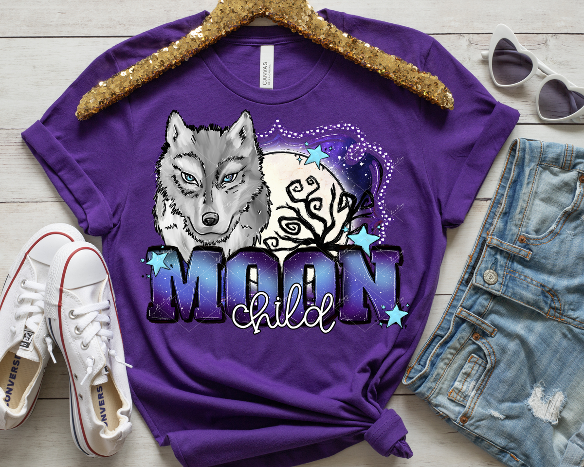 Moon child (gray wolf, moon, stars, deep purples) 1752 DTF TRANSFER