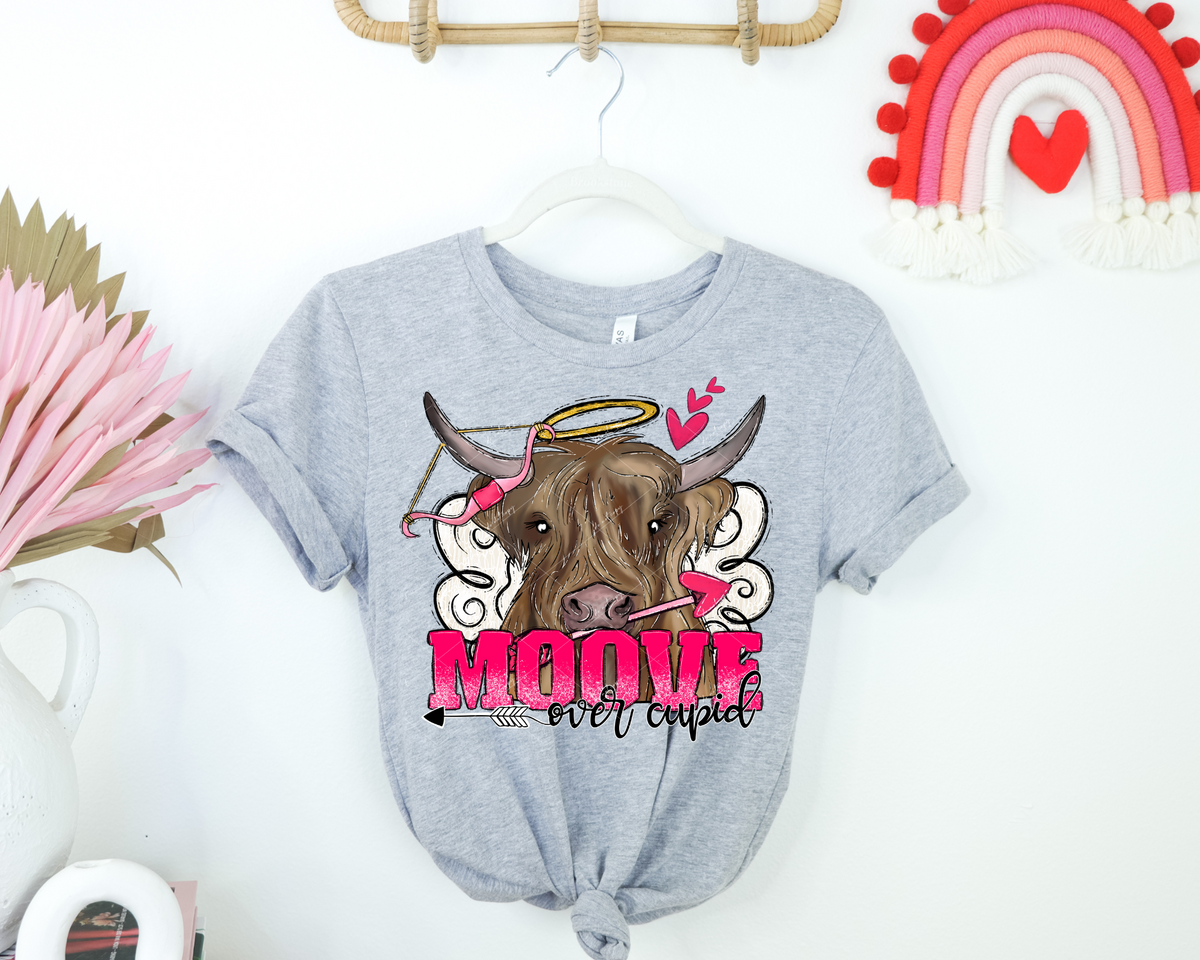 Move over cupid (long-hair heifer, arrows and bow, pink hearts, pink and black lettering) DTF TRANSFER