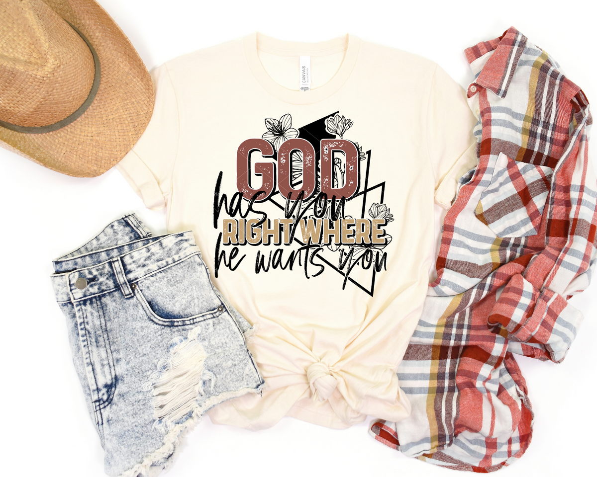 God Has You Right Where He Wants You (black outlined background elements, black marker lettering, terra cotta & tan distressed block lettering) DTF TRANSFER