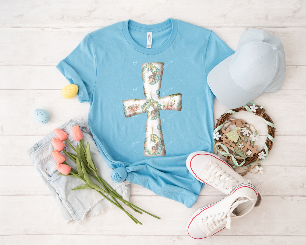 Floral Easter Cross with pastel colors, Easter wreaths, colored eggs 8838 DTF Transfer