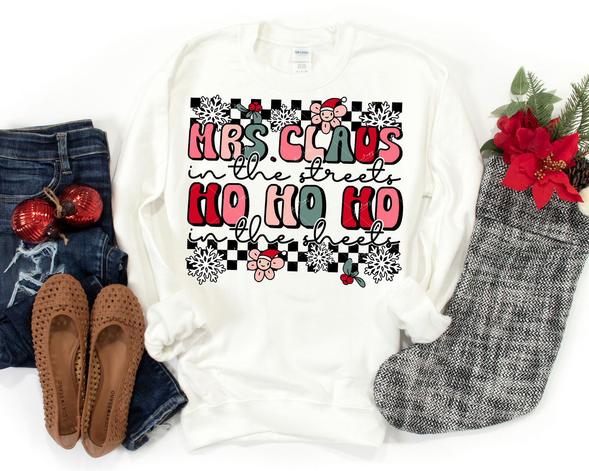 Mrs. Claus in the streets Ho Ho Ho in the sheets (black & white checker, snowflakes, muted Christmas colors) 1020 DTF TRANSFER