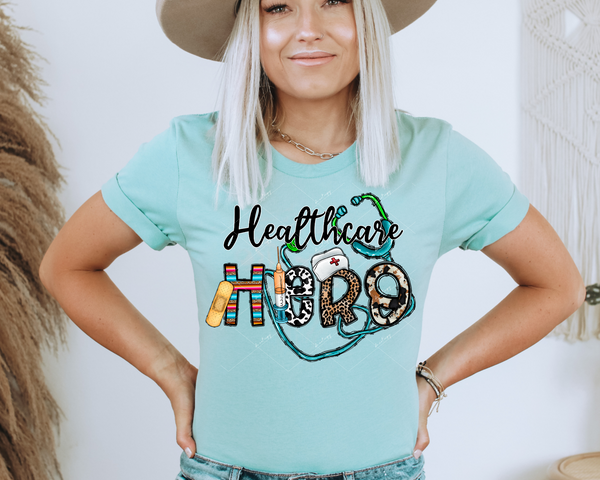 Healthcare Hero (healthcare elements, western, turquoise, cow, leopard print letter fill) 1502 DTF TRANSFER