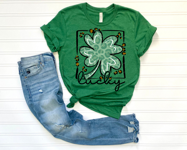 Lucky (large clover with green leopard print, black square frame, black lettering) DTF TRANSFER