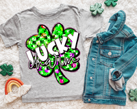 Lucky Charm Checkered Clover (large clover with florescent green checker print, white block lettering and handwriting lettering) DTF TRANSFER