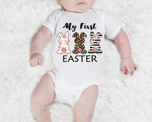 My First Easter (bunny trio, coral floral & stripes, leopard print, black stripes with coral floral) 1755 DTF TRANSFER