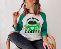 Lucky, Blessed And Coffee Obsessed (coffee cup, clovers, green glitter, black block lettering) DTF TRANSFER