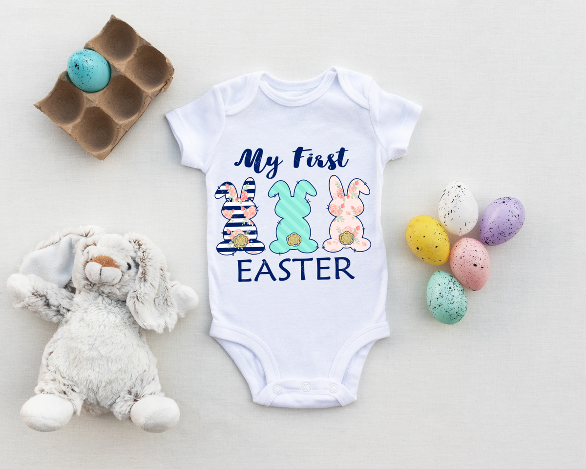 My First Easter (three bunny backs, coral floral, mint green stripes, navy blue stripes with coral floral) 1757 DTF TRANSFER