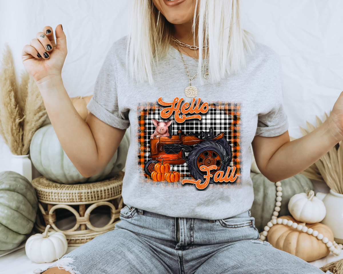 Hello Fall (orange tractor, pig, pumpkins, orange and black plaid background) 1508 DTF TRANSFER