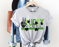 Lucky Vibes (skeleton hand peace sign, green stripes, black clovers, variety of greens, block distressed lettering) DTF TRANSFER