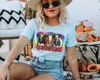 Summer (hot pink/leopard print letter fill, 3 cows with sunflowers, head tie, tie dye sunglasses, turquoise jewelry, bright color background) DTF TRANSFER