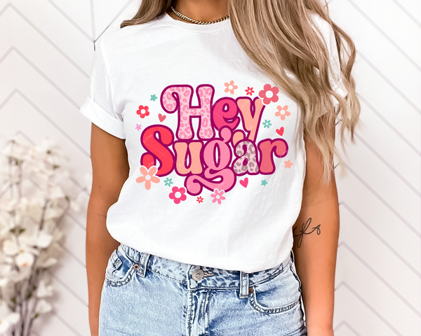 Hey Sugar (retro 70's vibe, bubble lettering pinks, leopard pints, bubble flowers) 1764 DTF TRANSFER