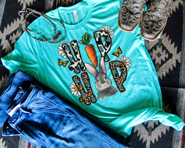 Hip Hop (bunny, carrot, daisies, letter fill cow, leopard print with turquoise pendants) 1517 DTF TRANSFER