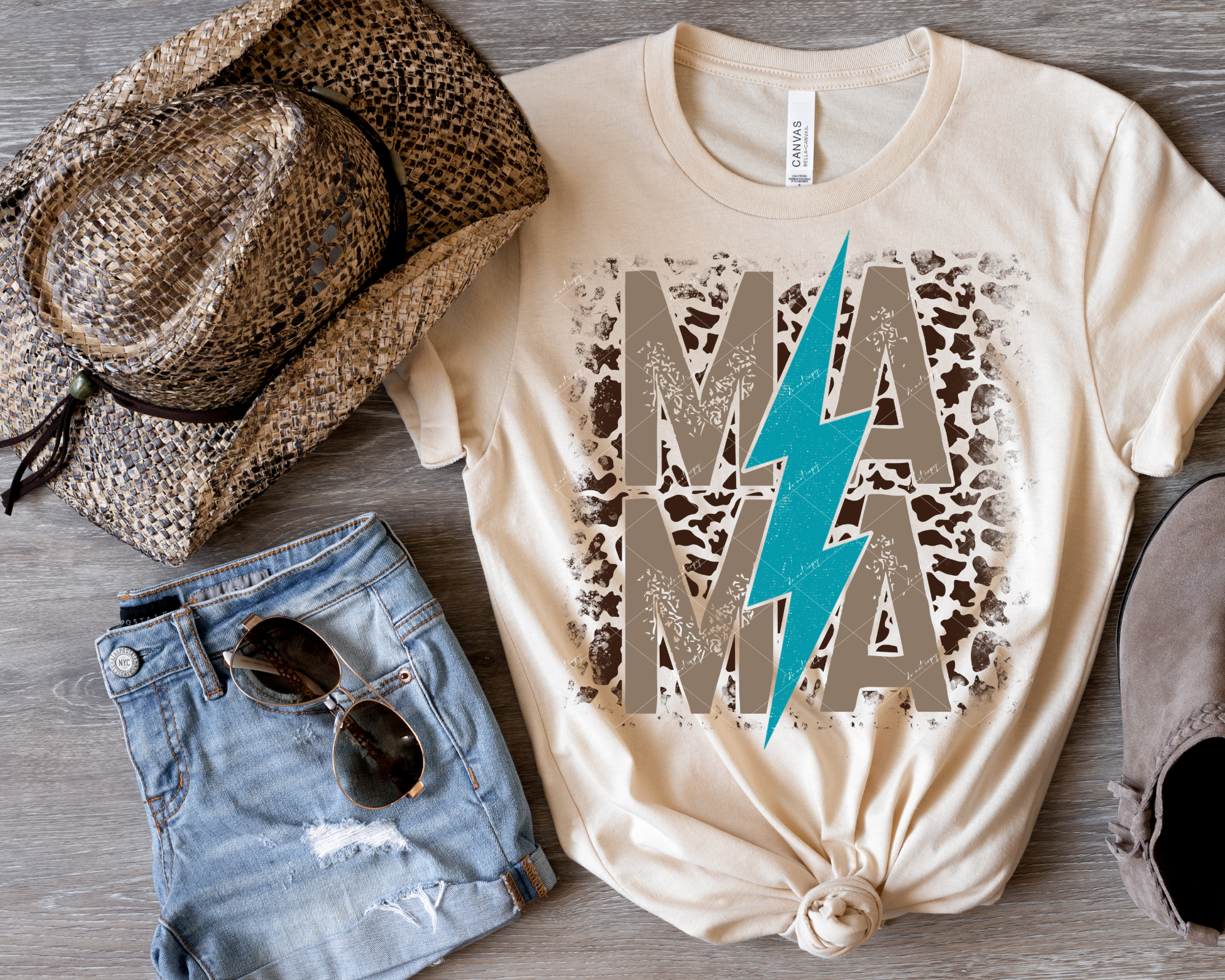 Mama (tan leopard print, tan distressed lettering, turquoise lightning ...