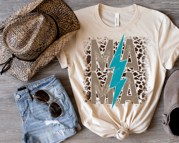 Mama (tan leopard print, tan distressed lettering, turquoise lightning bolt) DTF TRANSFER