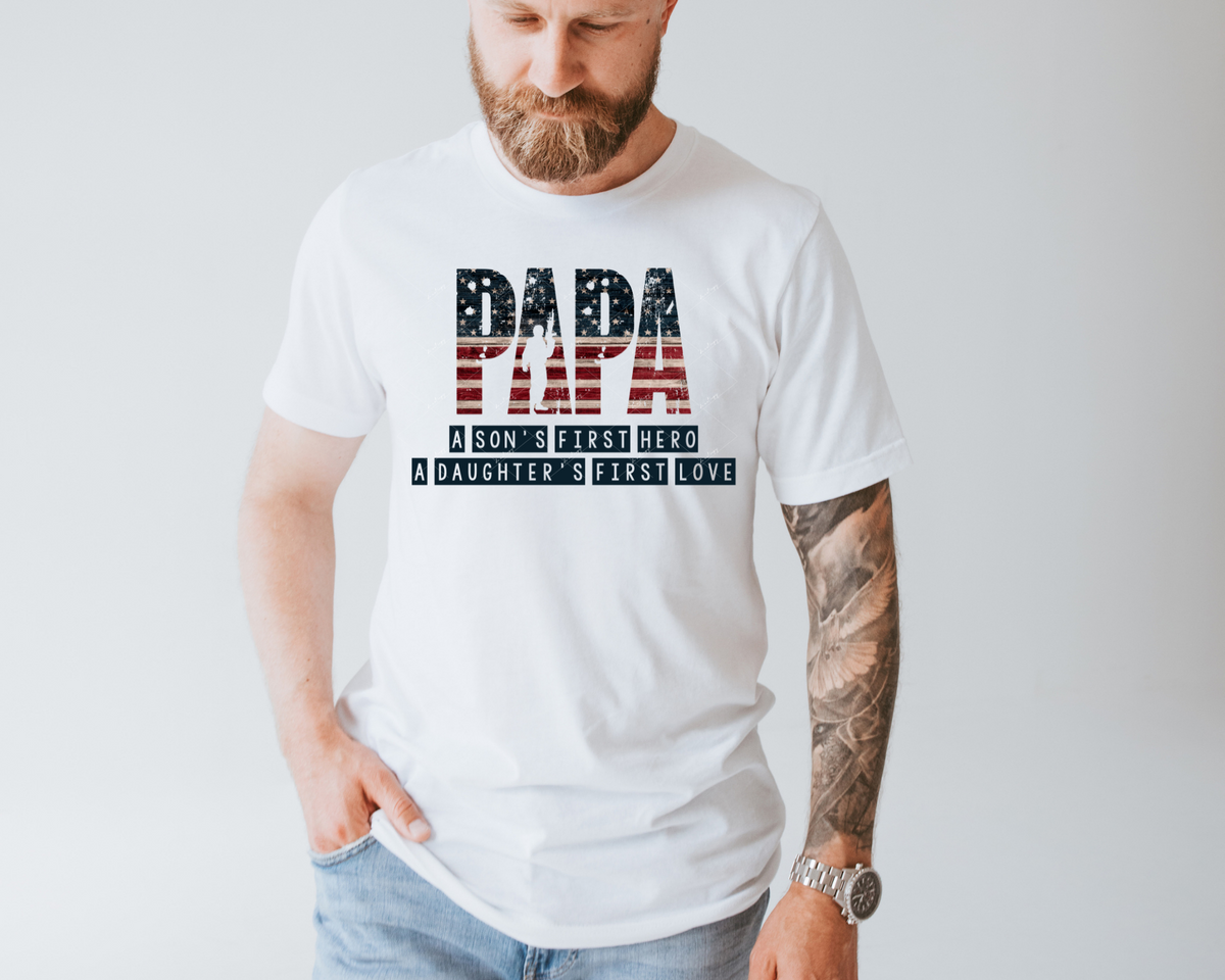 Papa A Son's First Hero A Daughter's First Love (distressed flag block letters, military person silhouette, blue block with lettering) 1879 DTF TRANSFER